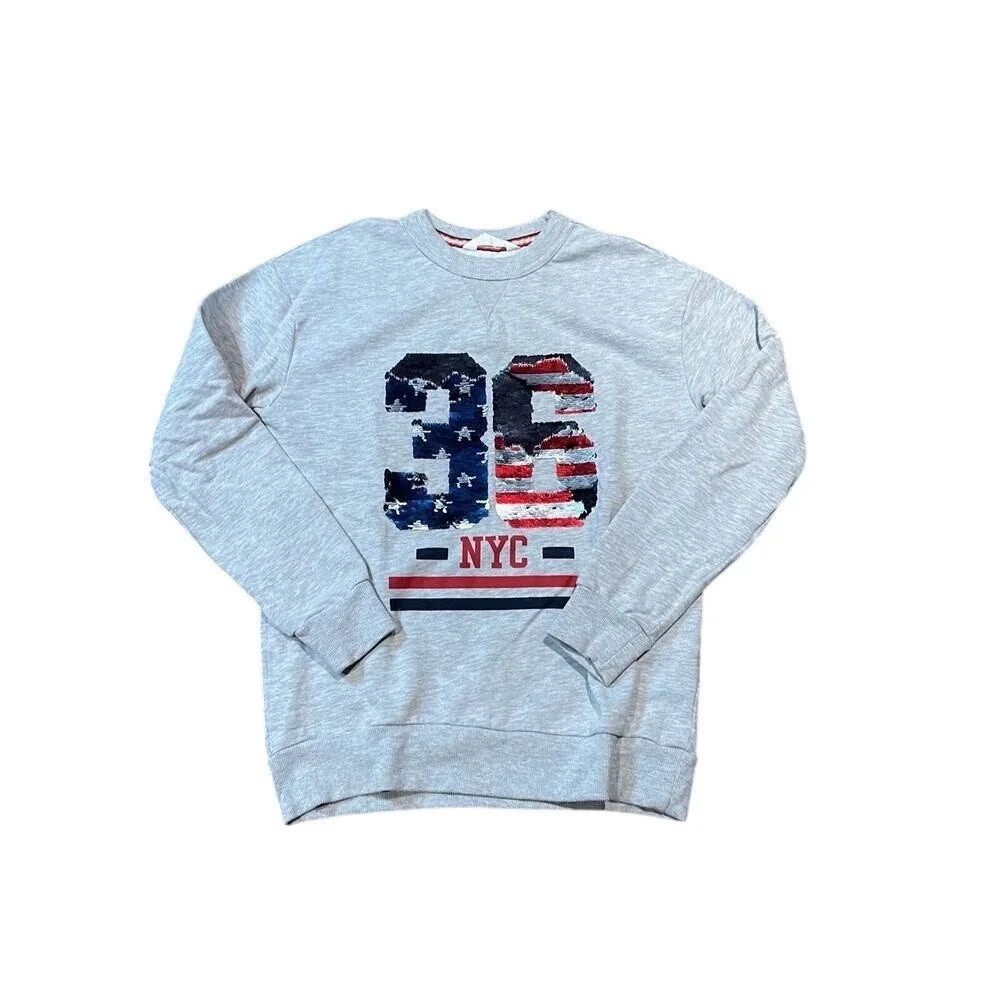 H&M‎ Boys Grey USA NYC Sequin Graphic Crewneck Sweatshirt Size 14Y+